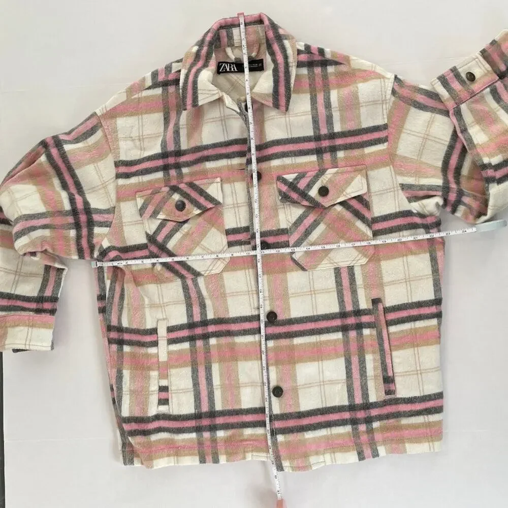 Zara Pink, Beige Plaid Check Overshirt Jacket / Shacket, Oversized 90s Grunge, S